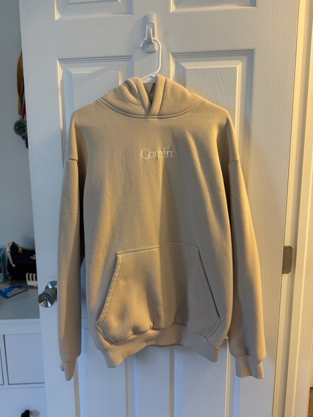 Comfort Embroidered Beige Hoodie with Kangaroo Pocket